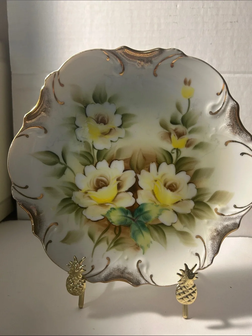 Decorative White and Yellow Floral Porcelain PlateVintage hand painted plate
